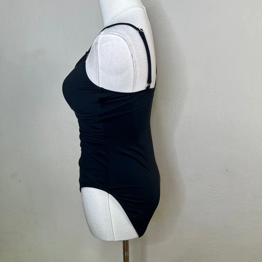 La Blanca Island Goddess Black‎ Ruched One Piece Swimsuit V-Neck Tummy Control 8